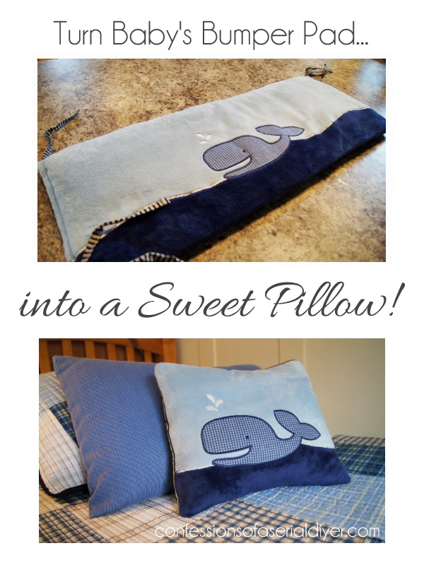 Turn your baby's old bumper pad onto a sweet pillow. A great way to hang on to those memories!