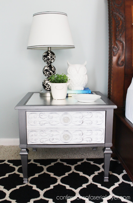 Thrift store throw away gets a glam makeover with silver leafing and metallic paint.