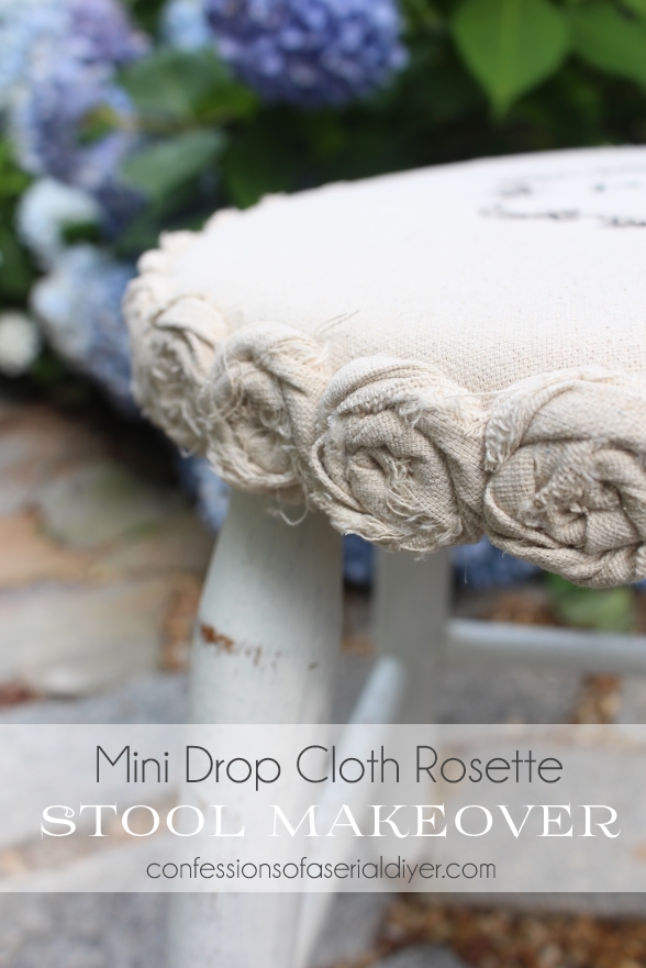 Stool Transformed with a little dropcloth made into rosettes