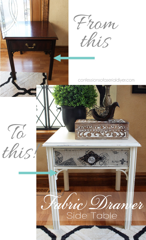 Update a plain side table with a little paint and fabric!