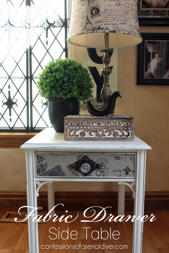 Update a plain side table with a little paint and fabric!