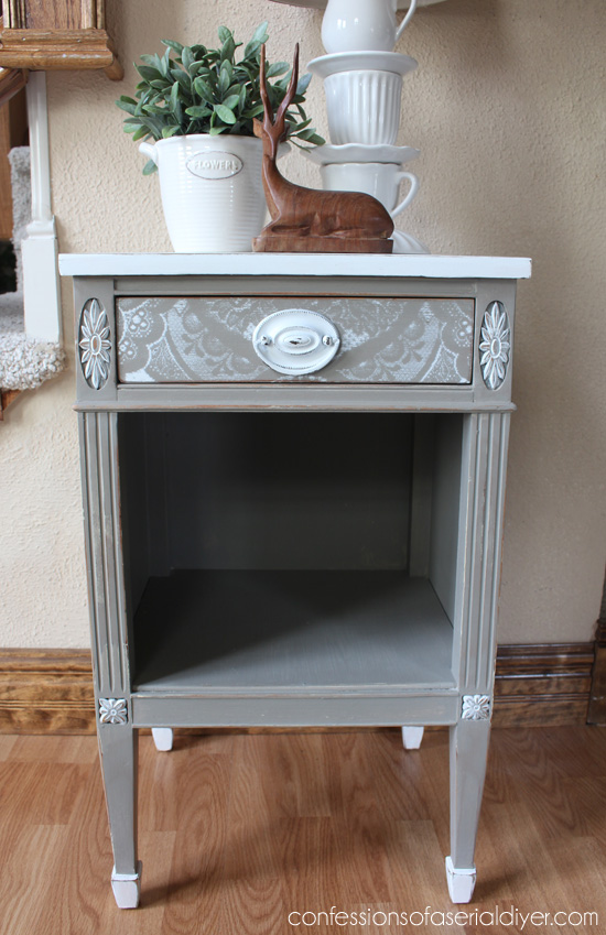 Lacy -Drawer Side Table- using a lacey curtain panel as a stencil!