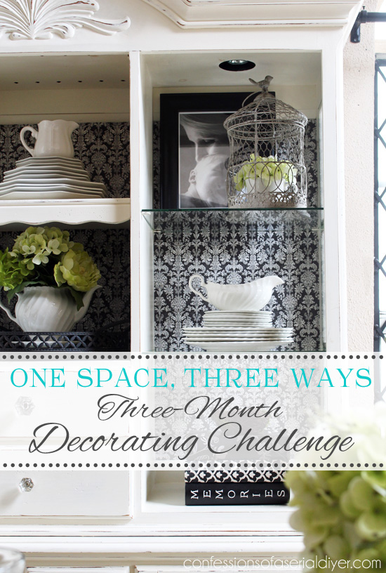 One space, three ways decorating challenge. This month I gave my hutch a whole new look with scrapbook paper!
