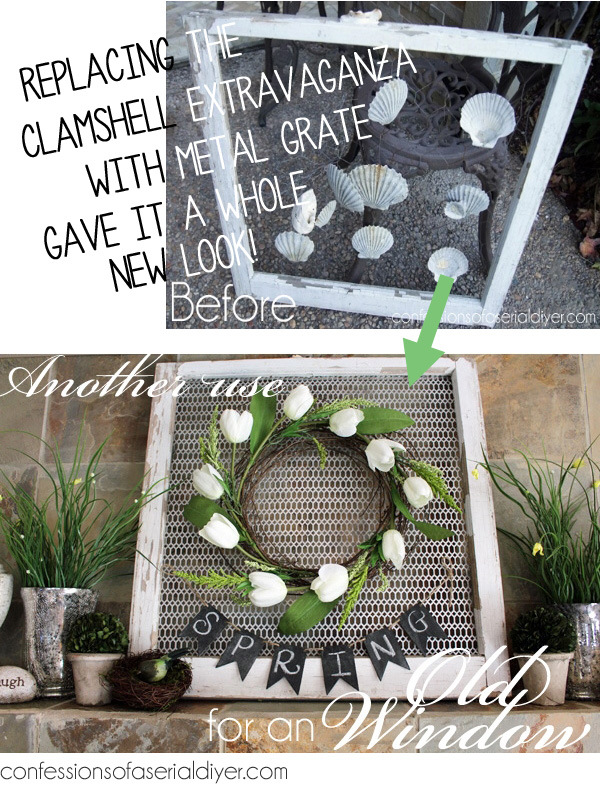 One more use for an old window...as the perfect backdrop for a wreath, by adding a metal grate.