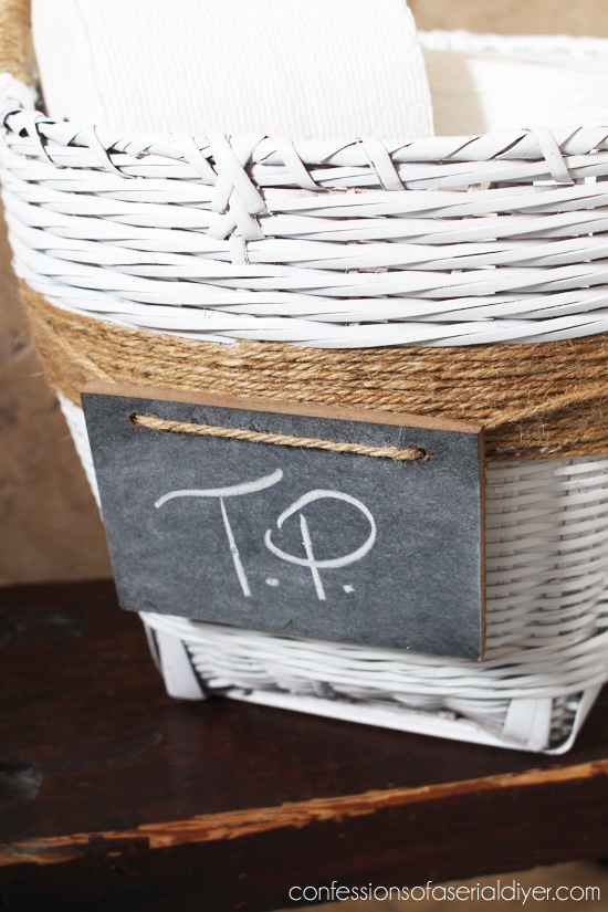 Upcycle a basket with paint, jute, and a chalk board.