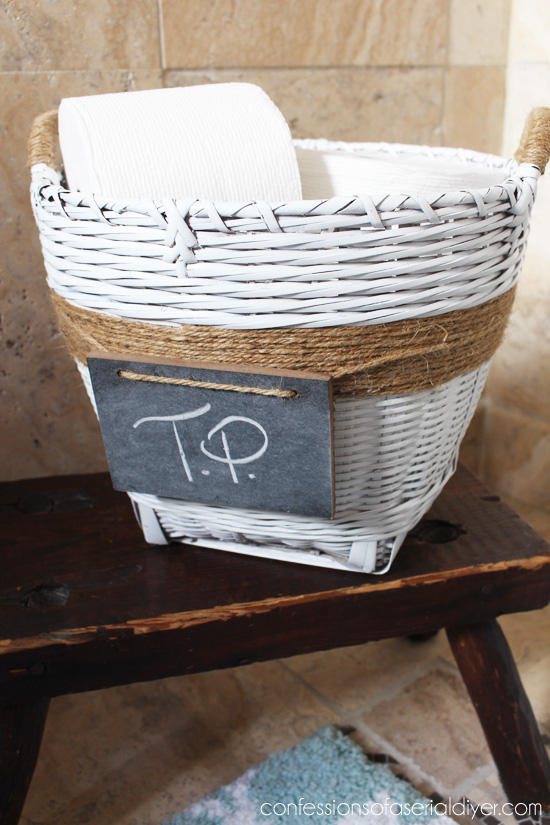 Upcycle a basket with paint, jute, and a chalk board.