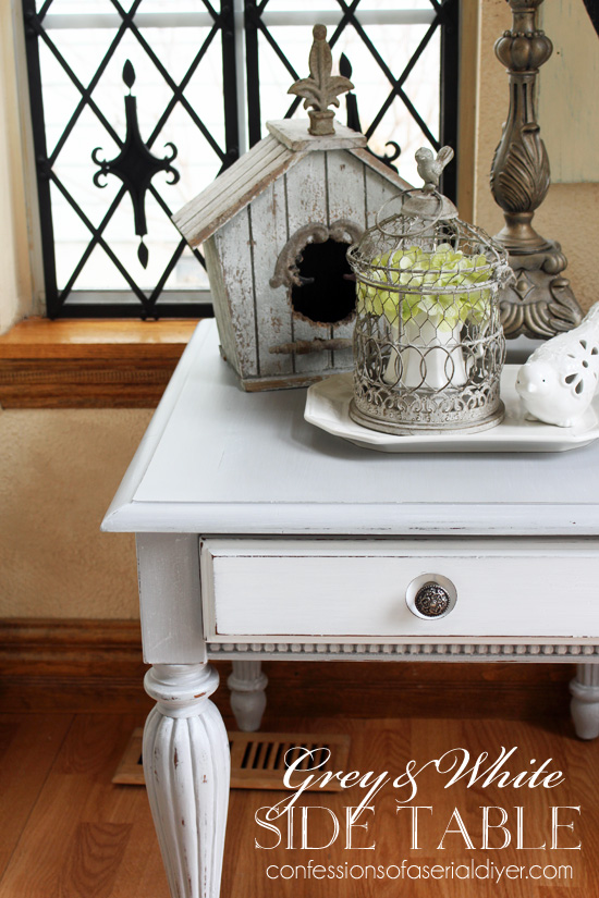 Grey and White Side Table. A cookie cutter table now looks like a high end cottage-inspired piece!
