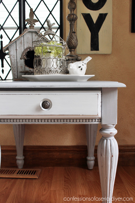 Grey and White Side Table. A cookie cutter table now looks like a high end cottage-inspired piece!