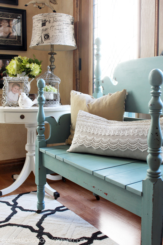 Mason Jar Blue (Junque Boutique Milk Paint) Headboard Bench from Confessions of a Serial Doi-it-Yourselfer