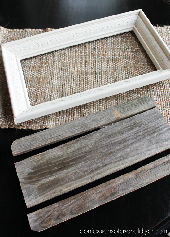 Turn a thrift store picture into a tray by painitng and adding a few old fence picket pieces to the bottom!