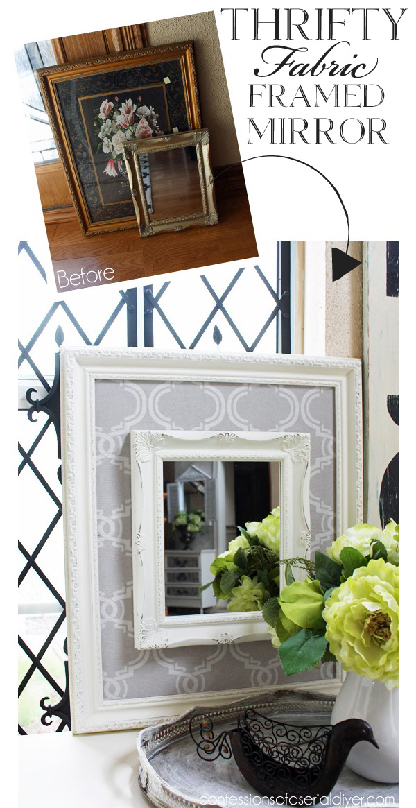 Thrifty Fabric Framed Mirror from confessionsofaserialdiyer.com