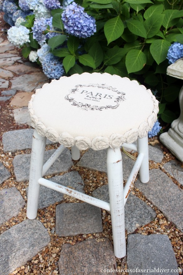 Stool trimmed in dropcloth rosettes