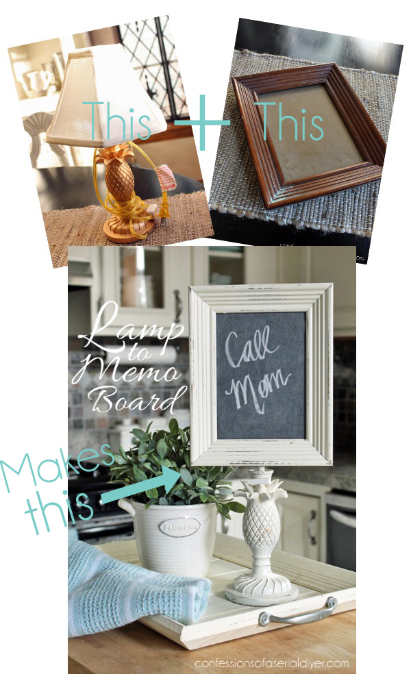A thrift store lamp and an old frame pair up to make this super cute chalkboard message board! Confession of a Serial Do-it-Yourselfer