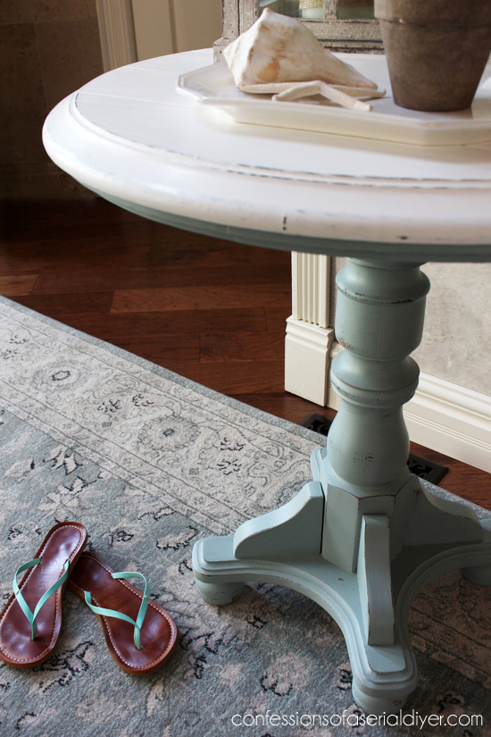 Coastal Inspired Pedestal Table using DIY chalk paint with Behr's Gray Morning and white. 