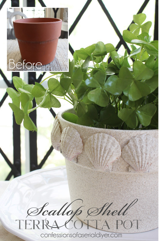 Give a terra cotta pot a beachy makeover with faux stone spray paint and scallop shells!