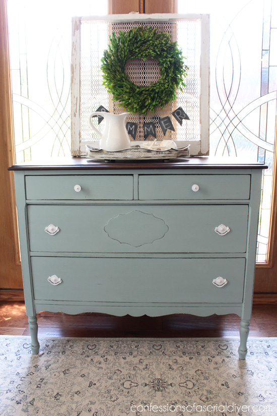 Antique Dresser Revived with Behr's Gray Morning made into chalk paint.