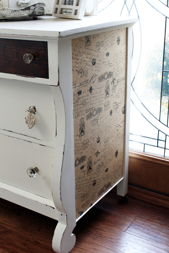 Add tissue paper to the side of a dresser for added interest!
