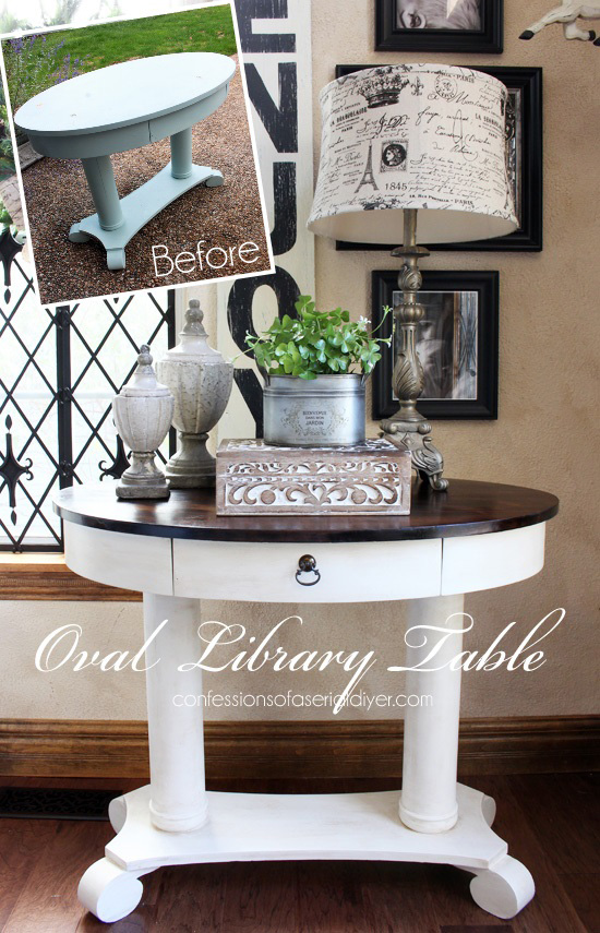 Oval library table redone using Citristrip by Confessions of a Serial Do-it-Yourselfer