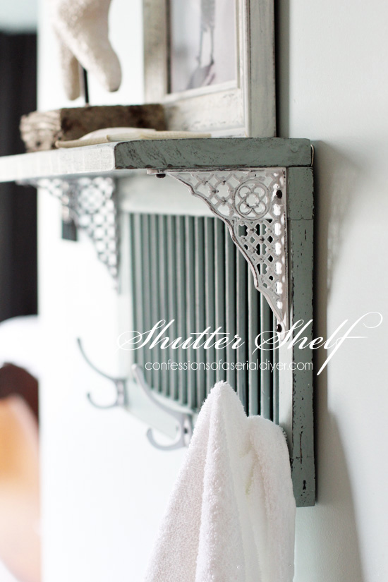 Cute and functional shelf made byrepurposing a small shutter from Confessions of a Serial Do-it-Yourselfer