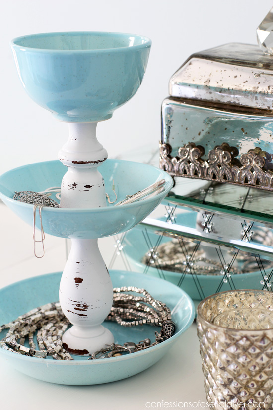 DIY Jewelry Storage from pretty dishes and two candlesticks. Confessions of a Serial Do-it-Yourselfer