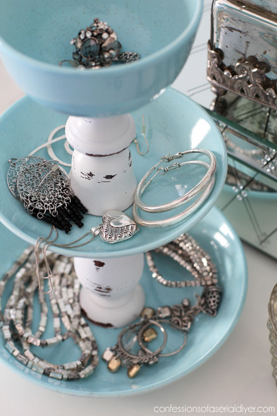 DIY Jewelry Storage from pretty dishes and two candlesticks. Confessions of a Serial Do-it-Yourselfer