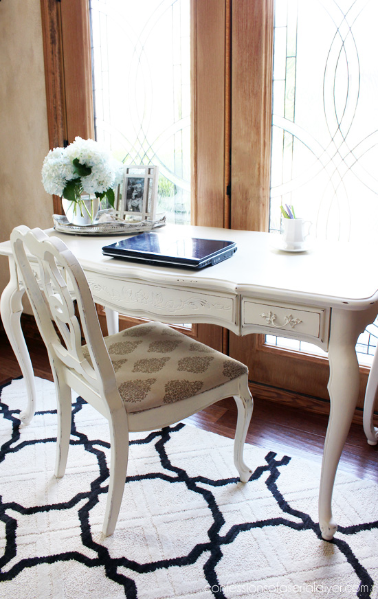 French Provincial Desk Made over with Cottage White paint by Behr (made into DIY chalk paint) from Confessions of a Serial Do-it-Yourselfer