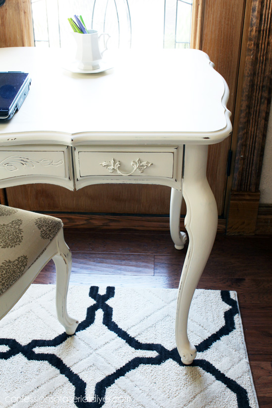French Provincial Desk Made over with Cottage White paint by Behr (made into DIY chalk paint) from Confessions of a Serial Do-it-Yourselfer