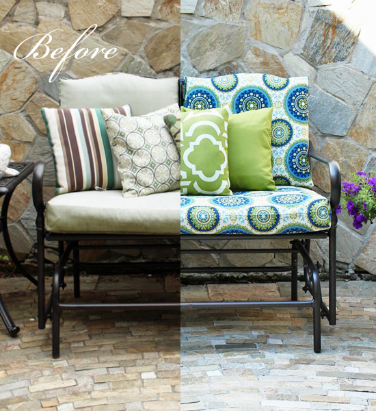 Outdoor Glider Bench Makeover with new cushion covers from Confessions of a Serial Do-it-Yourselfer