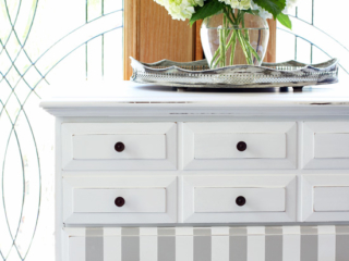 French Linen and White Striped Dresser Makeover