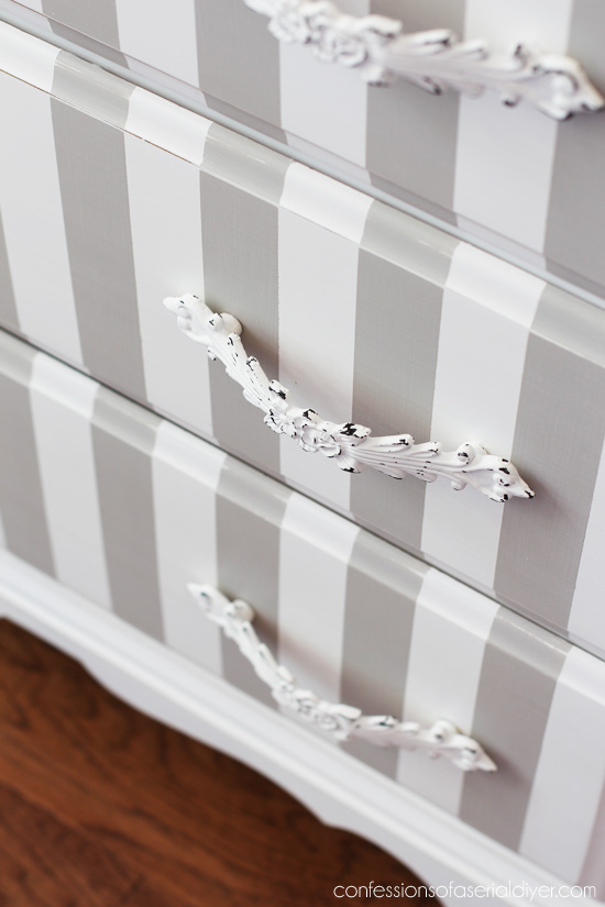 French Linen and White Striped Dresser Makeover from Confessions of a Serial Do-it-Yourselfer