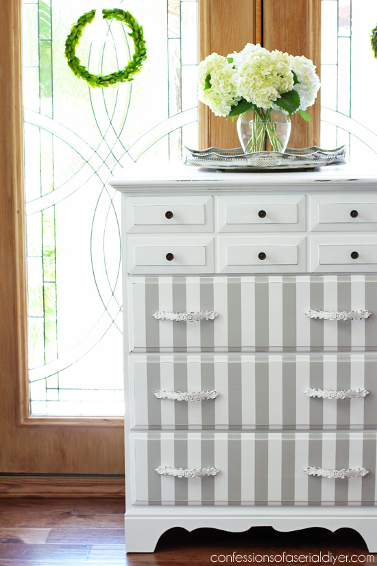 French Linen and White Striped Dresser Makeover from Confessions of a Serial Do-it-Yourselfer