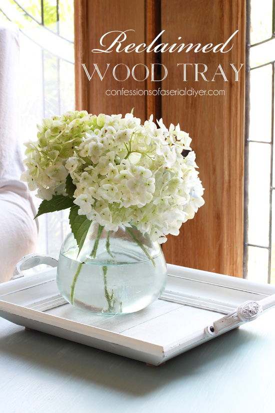 White-washed DIY Wood Tray made form an old frame and fence pickets. confessionsofaserialdiyer.com