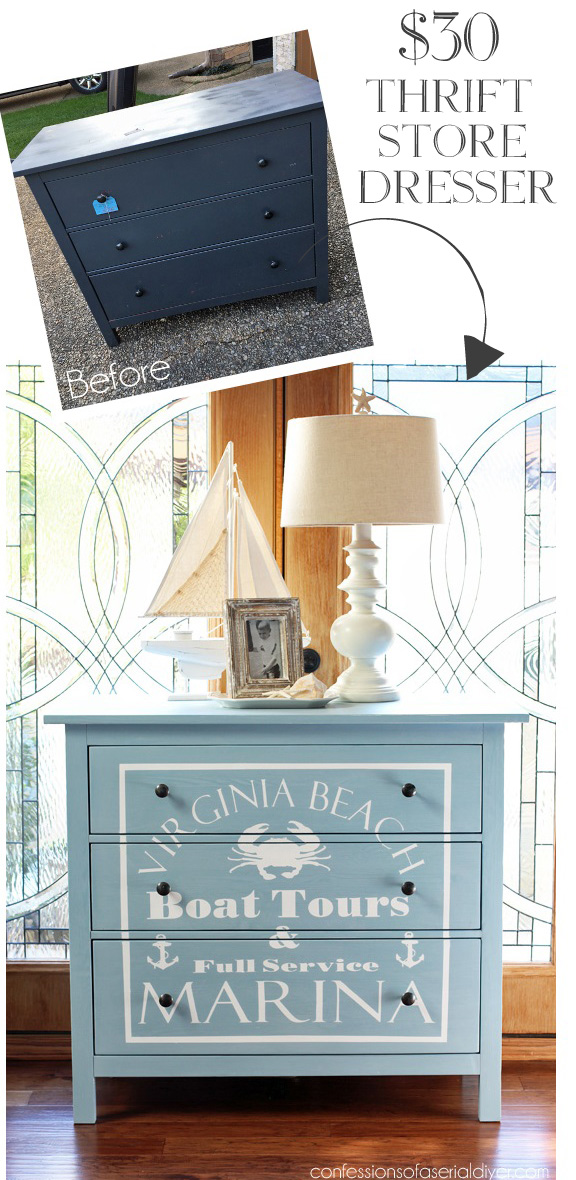 Thrift store dresser gets a coastal makeover by adding a fun graphic using the Silhouette Cameo. confesionsofaserialdiyer.com