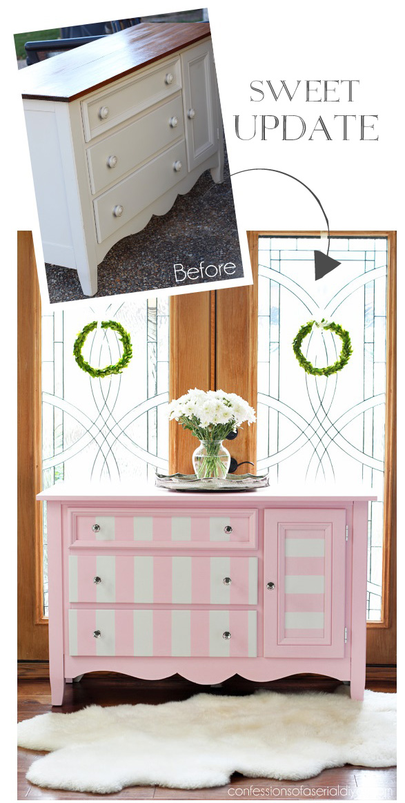 Pink and white striped dresser from confessionsofaserialdiyer.com