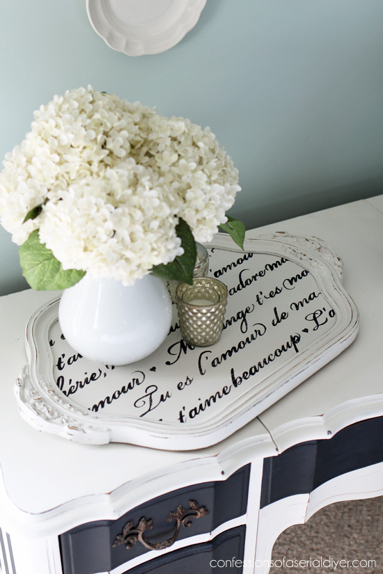 French love letter stencil updates this pretty tray! 