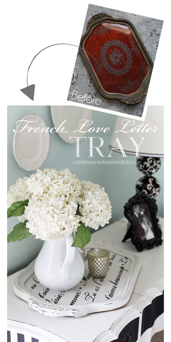 French love letter stencil updates this pretty tray!