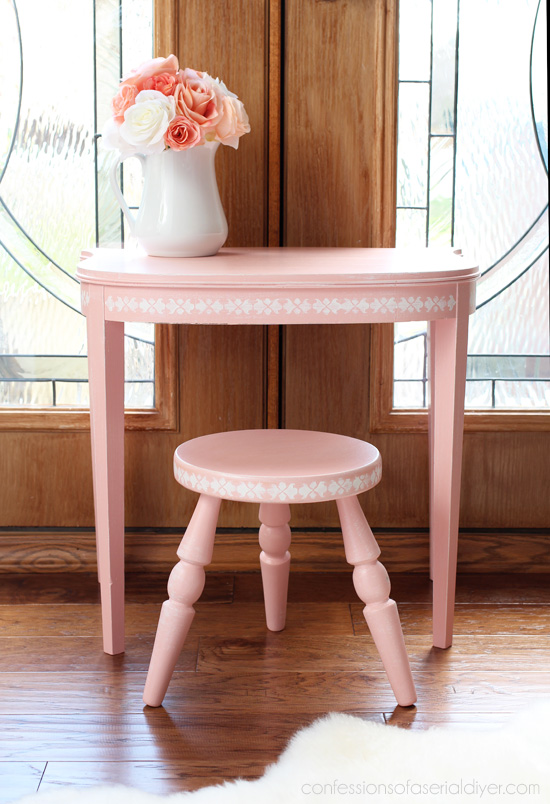 Little girl's vanity set from an antique side table and stool. confessionsofaserialdiyer.com