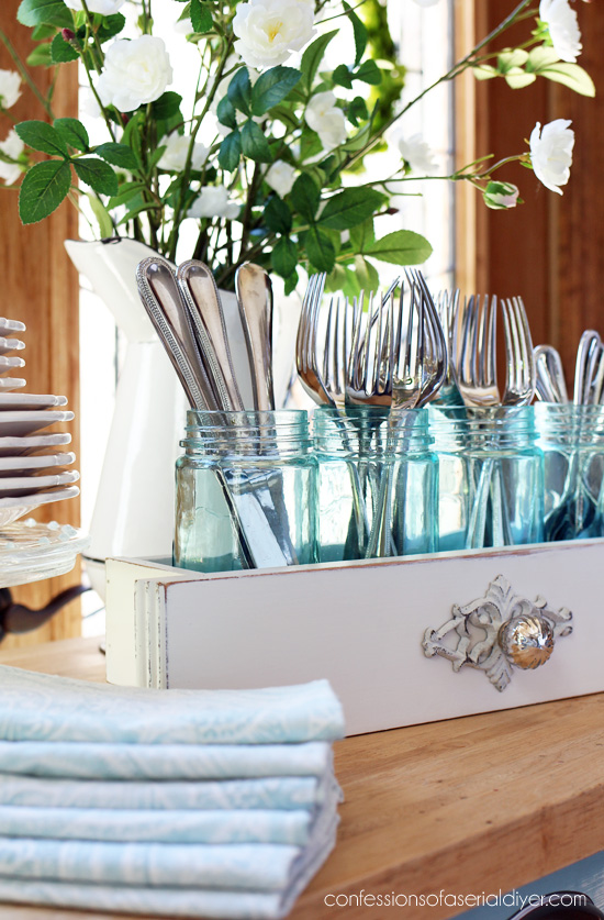 Upcycled drawer: cut an old drawer to create a one-of-a-kind utensil holder from confessionsofaserialdiyer.com