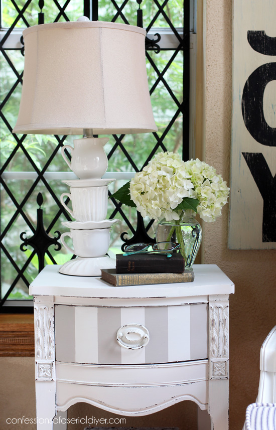 Petite Side Table painted in Fluff by Dixie Belle, with stripes in Annie Sloan French Linen.