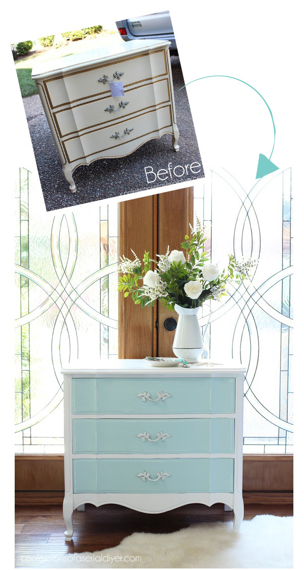 French Provincial night Table in Behr's Sunken Pool and Ultra Pure White from confessionsofaserialdiyer.com