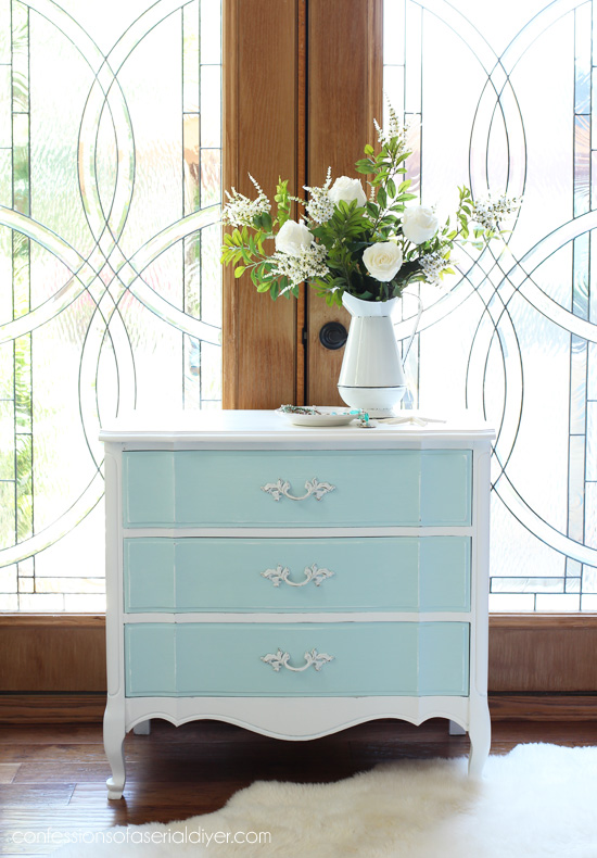 Blue and white bedside table redo from confessionsofaserialdiyer.com
