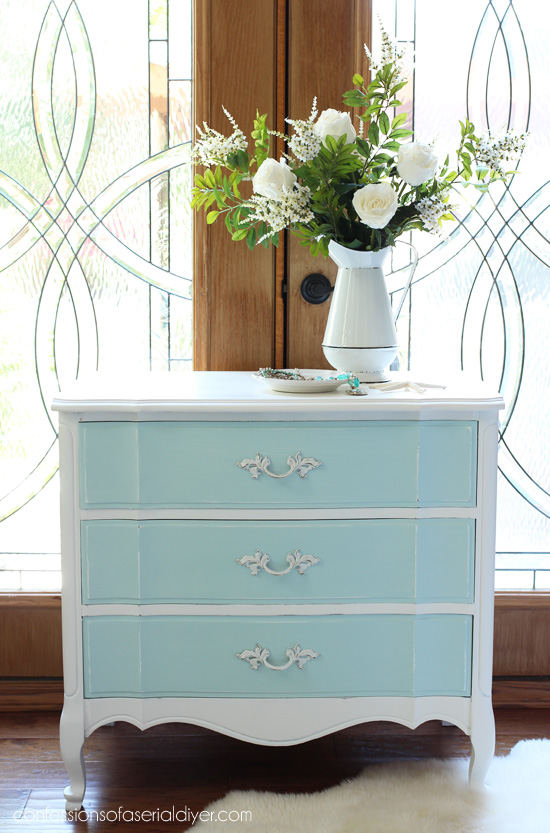Blue and white bedside table redo from confessionsofaserialdiyer.com