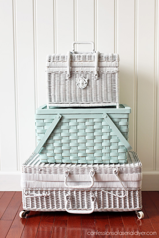 Spray paint picnic baskets to stack for charming extra storage!
