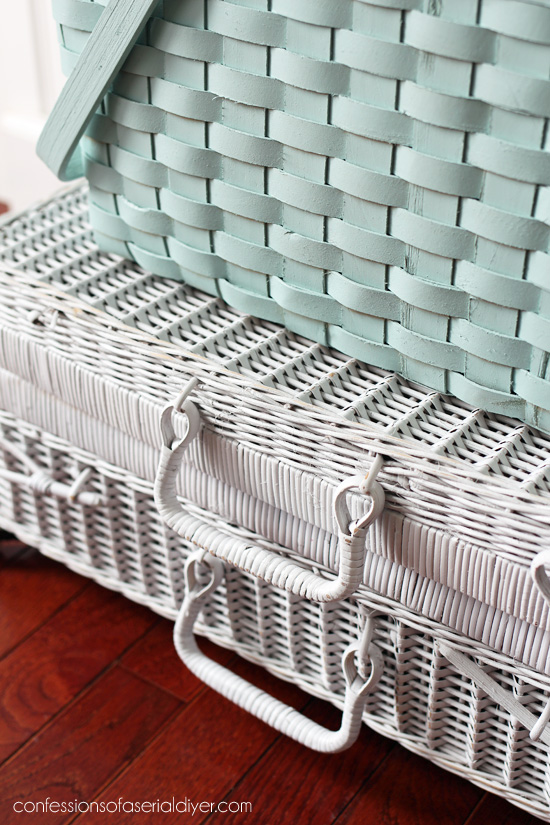Spray paint picnic baskets to stack for charming extra storage!