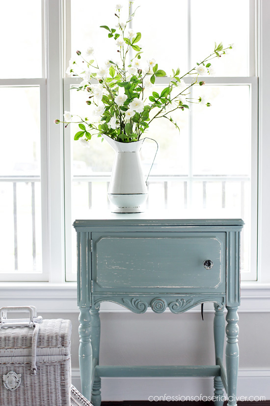 Sewing table painted in DIy chalk paint from confessiosnsofaserialdiyer.com