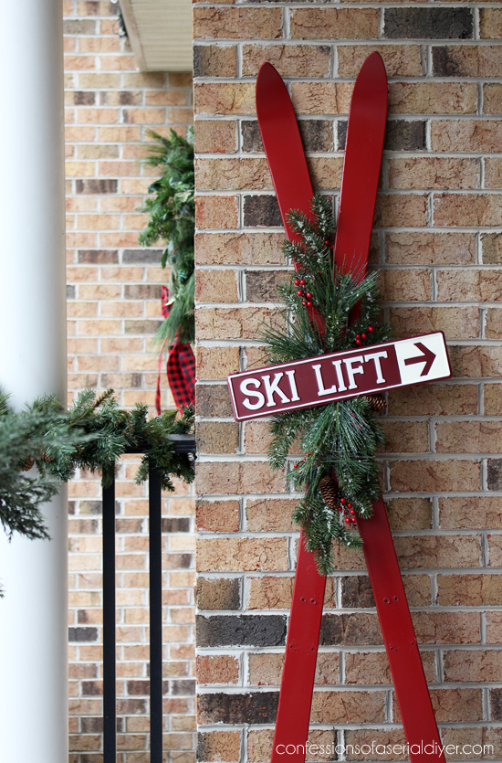 Skis turned Holiday Decor from confessionsofaserialdiyer.com