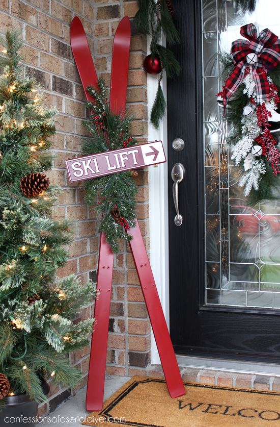 Skis turned Holiday Decor from confessionsofaserialdiyer.com