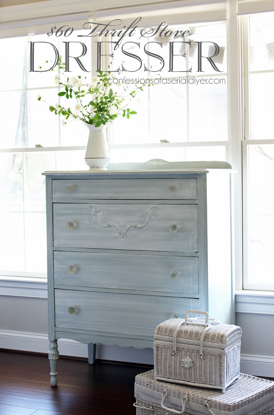 Blue dresser with whitewash finish from confessionsofaserialdiyer.com
