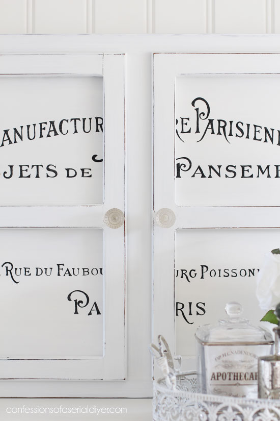 Dated wall cabinet gets a makeover with chalk paint and French typography.