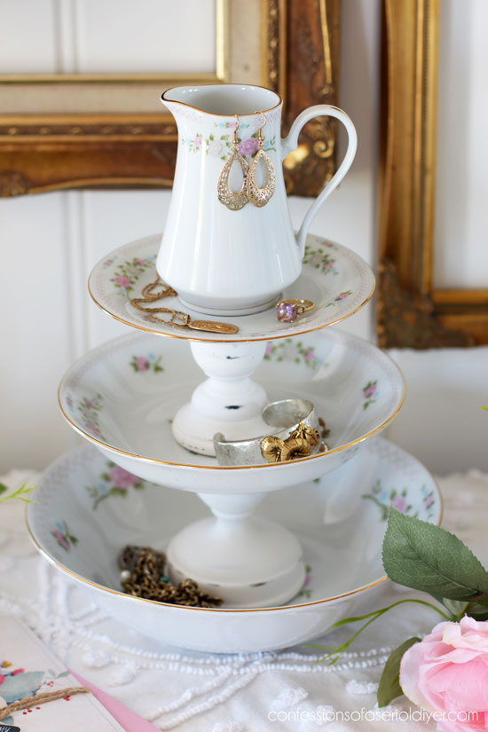 Candlesticks and thrift store dishes create perfect jewelry storage!